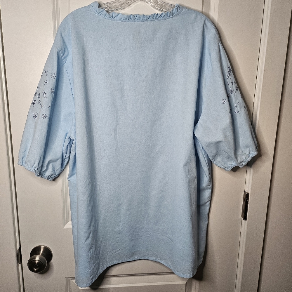 Womens Blouse XXL Light Blue Floral Embroidered Peasant Boho Cottagecore Festive - Picture 3 of 7